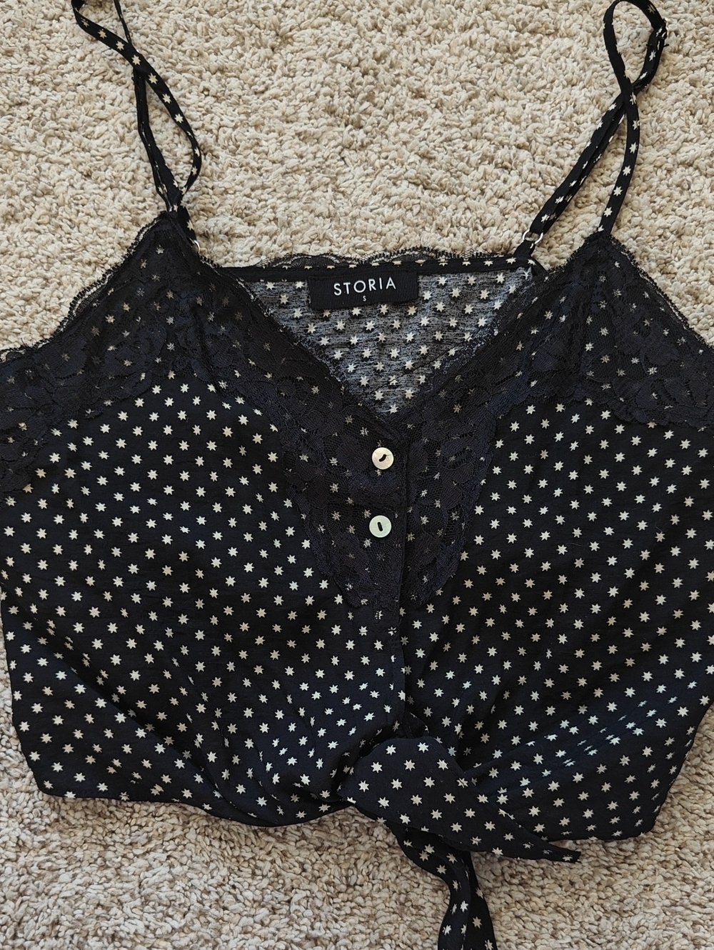 Storia Black Star-Print Lace Trim Cami